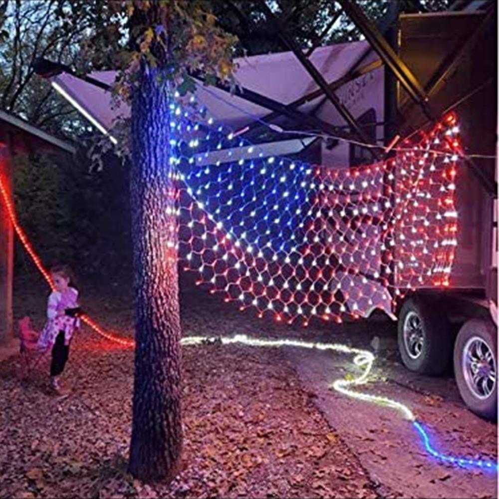 US Flag String Lights featuring 420 bright LEDs in red, white, and blue, designed for indoor and outdoor decoration.