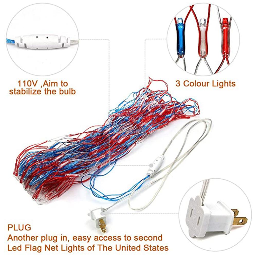 US Flag String Lights featuring 420 bright LEDs in red, white, and blue, designed for indoor and outdoor decoration.