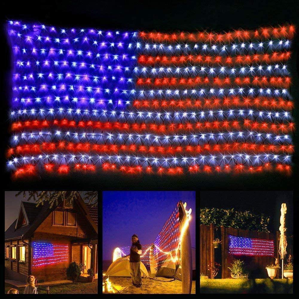 US Flag String Lights featuring 420 bright LEDs in red, white, and blue, designed for indoor and outdoor decoration.