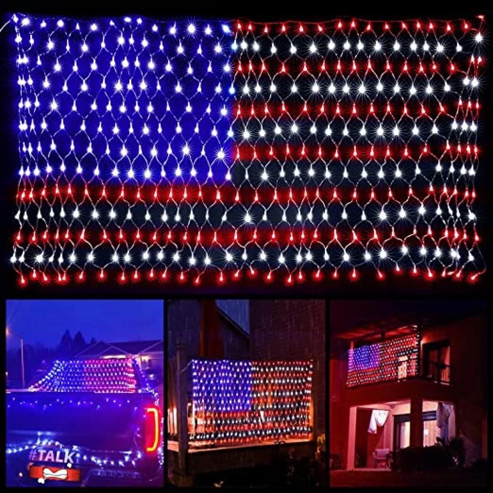 US Flag String Lights featuring 420 bright LEDs in red, white, and blue, designed for indoor and outdoor decoration.