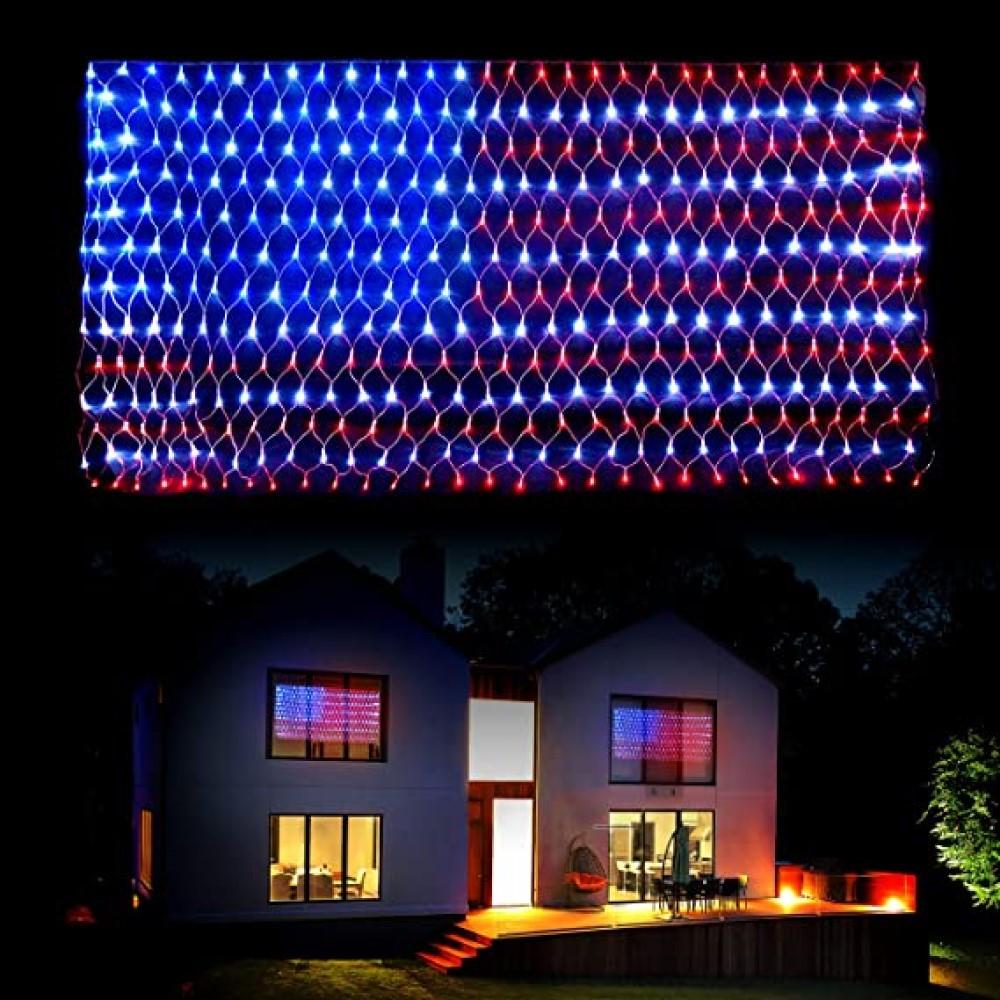 US Flag String Lights featuring 420 bright LEDs in red, white, and blue, designed for indoor and outdoor decoration.