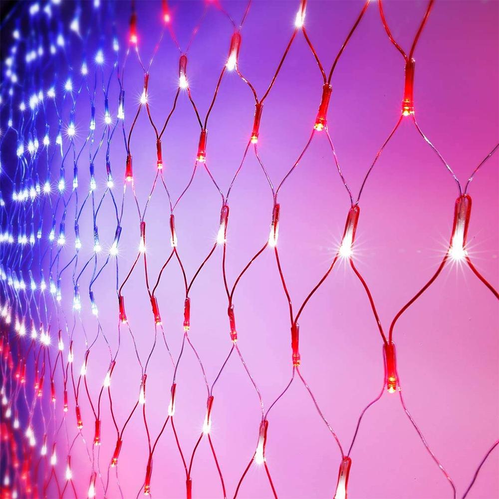 US Flag String Lights featuring 420 bright LEDs in red, white, and blue, designed for indoor and outdoor decoration.