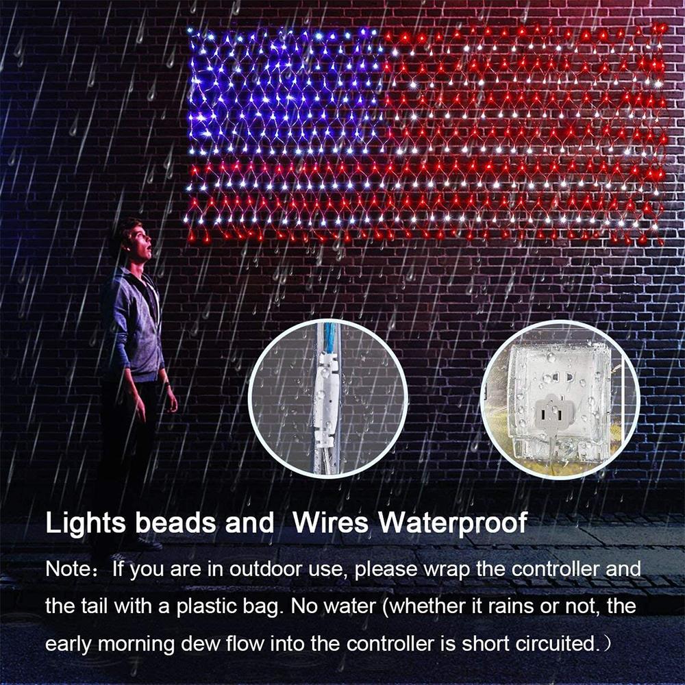 US Flag String Lights featuring 420 bright LEDs in red, white, and blue, designed for indoor and outdoor decoration.