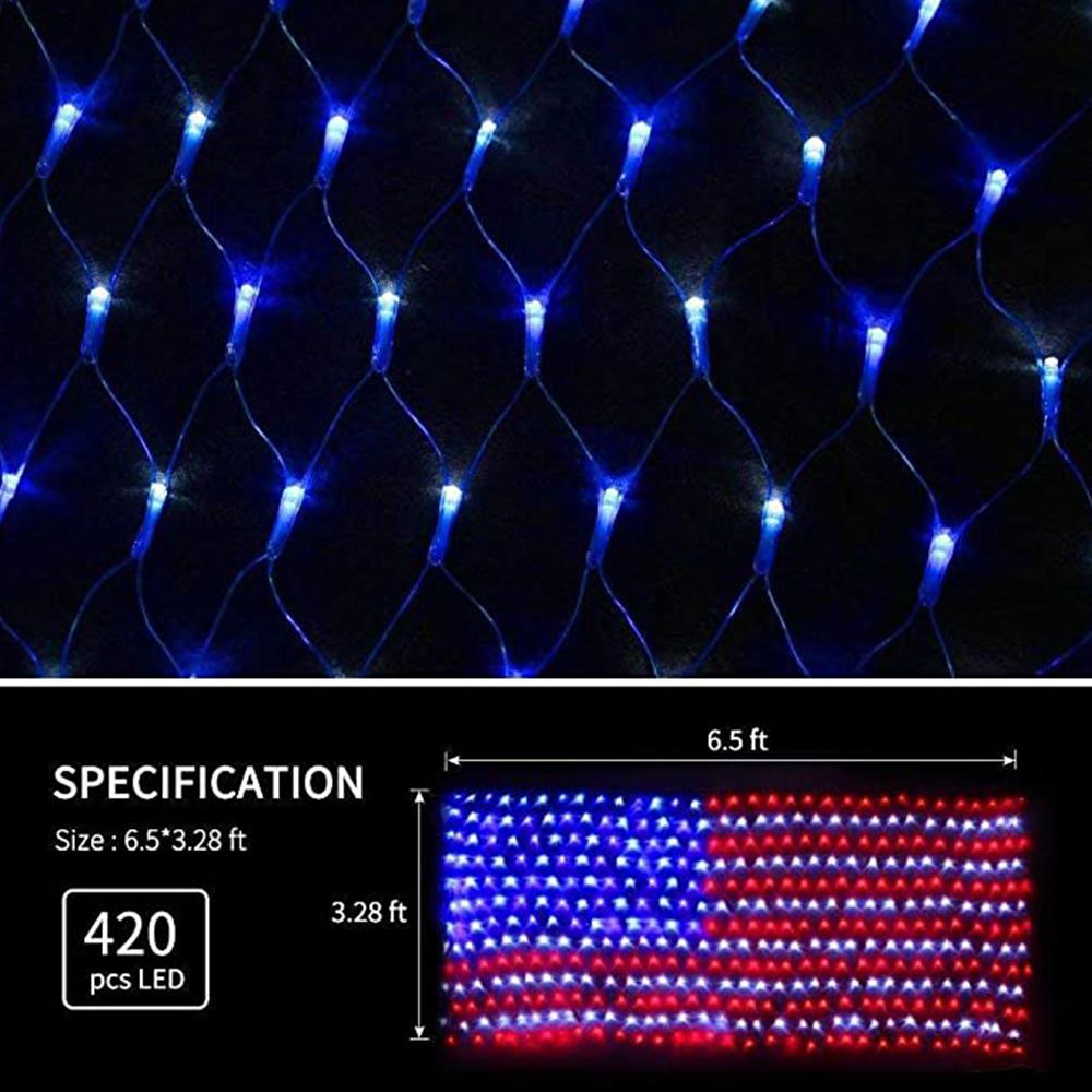 US Flag String Lights featuring 420 bright LEDs in red, white, and blue, designed for indoor and outdoor decoration.