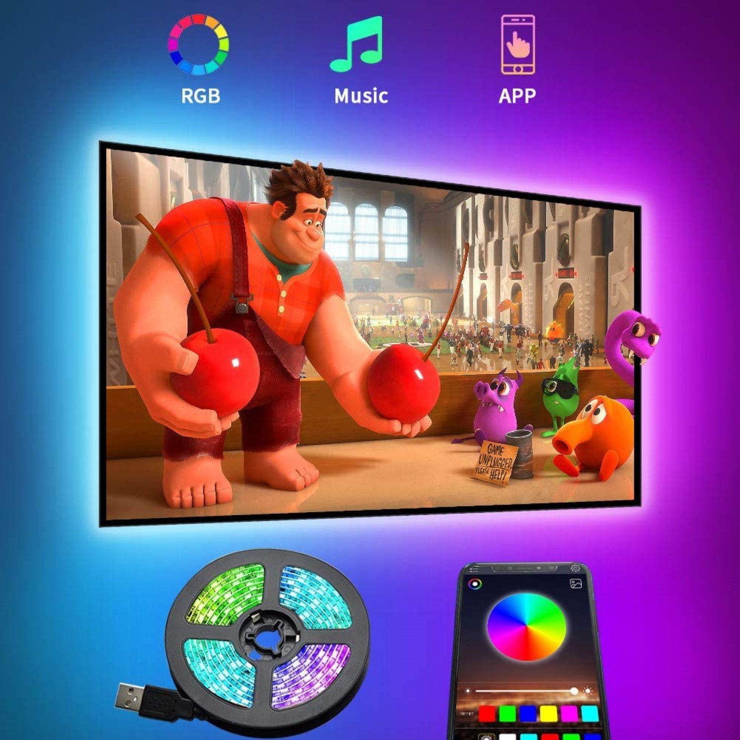 USB Powered LED Light Strip for TV with Bluetooth control, showcasing vibrant colors and easy installation features.