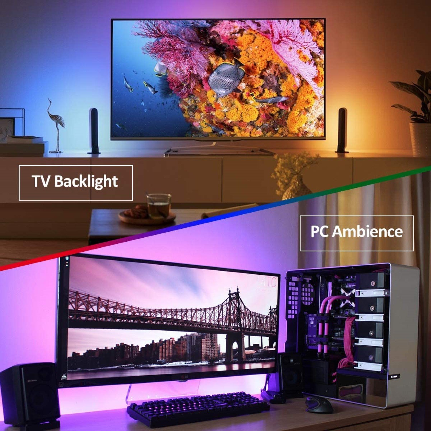 USB powered RGB LED lights for TV backlight, featuring a remote control and vibrant color options, ideal for enhancing viewing experience.