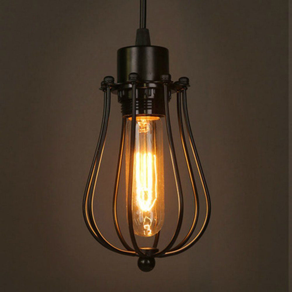 Vintage Balloon Cage Pendant Light with black metal shade and fabric wire, showcasing retro industrial design.