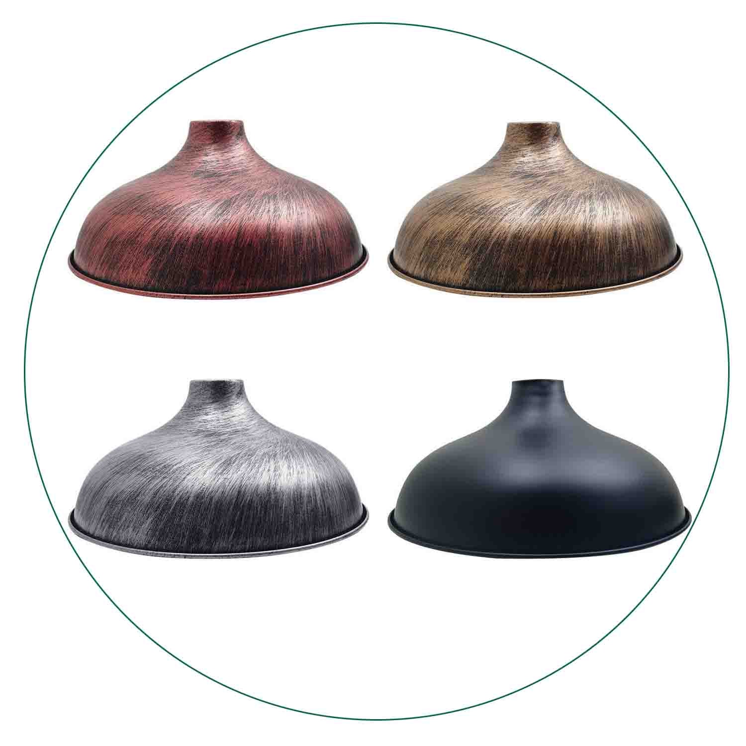 Vintage Barn Style Metal Lampshades in Brushed Copper, Rustic Red, Black, and Brushed Silver, showcasing their unique design and industrial finish.