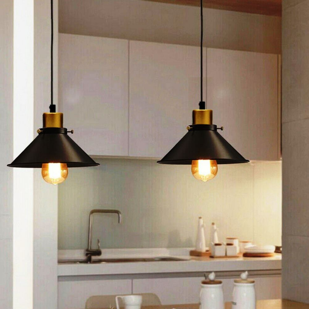 Vintage Black Metal Lampshade Pendant Ceiling Light showcasing a sleek black finish and adjustable fabric-covered wire.