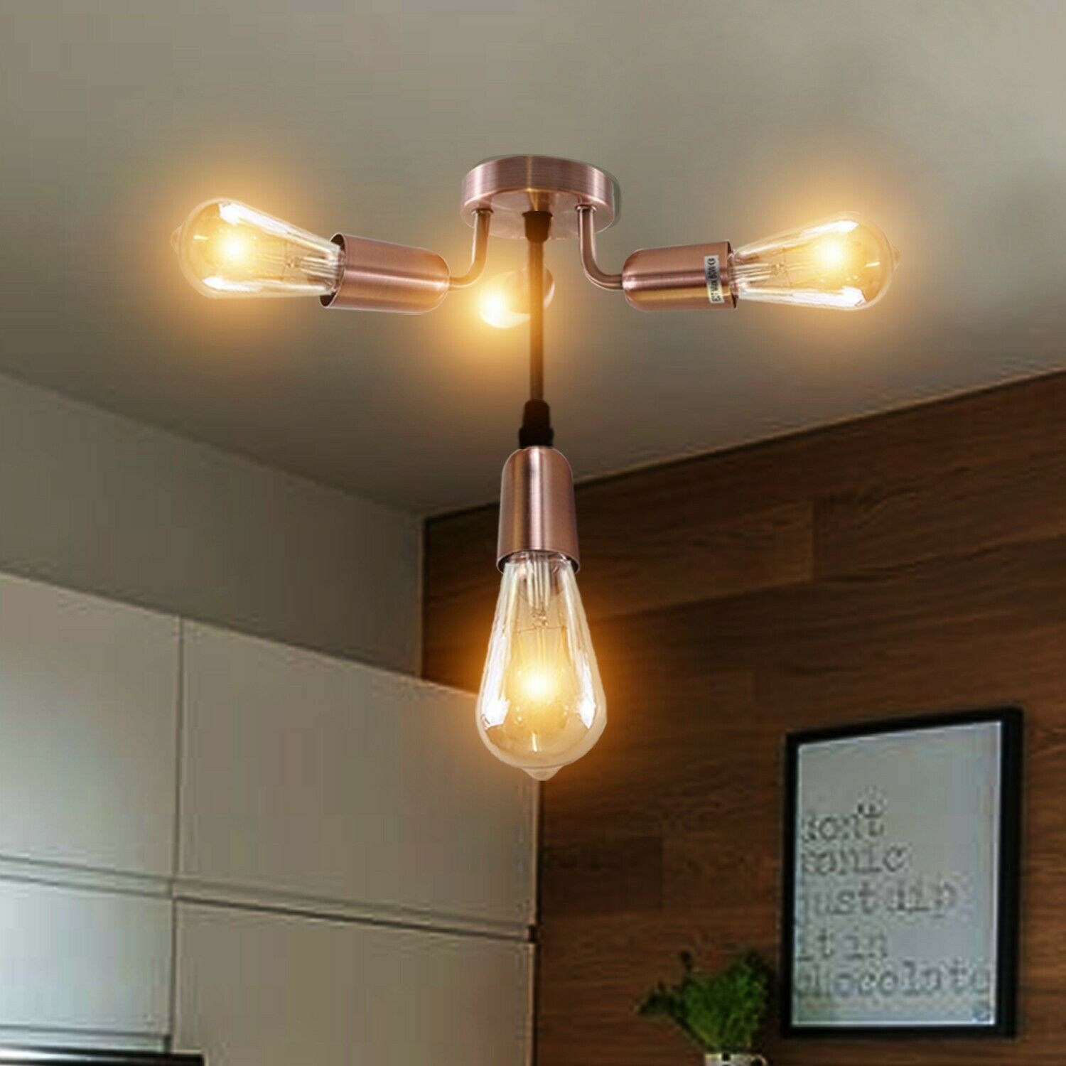 Vintage Cage Ceiling Light Flush Mount with four E27 bulb holders in a stylish industrial design, featuring a copper metal finish.