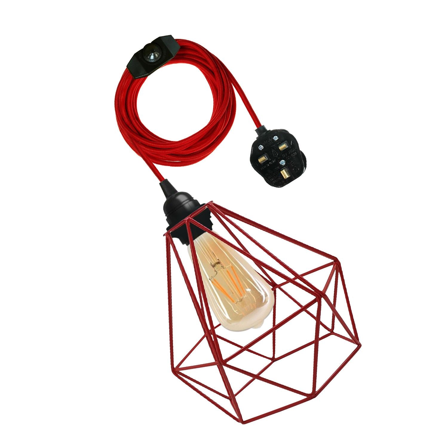 Vintage Fabric Flex Cable Plug in Pendant Lamp with E27 fitting, featuring a stylish metal cage and colorful fabric cable.