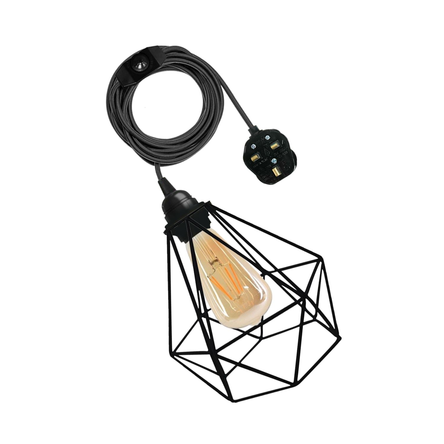 Vintage Fabric Flex Cable Plug in Pendant Lamp with E27 fitting, featuring a stylish metal cage and colorful fabric cable.