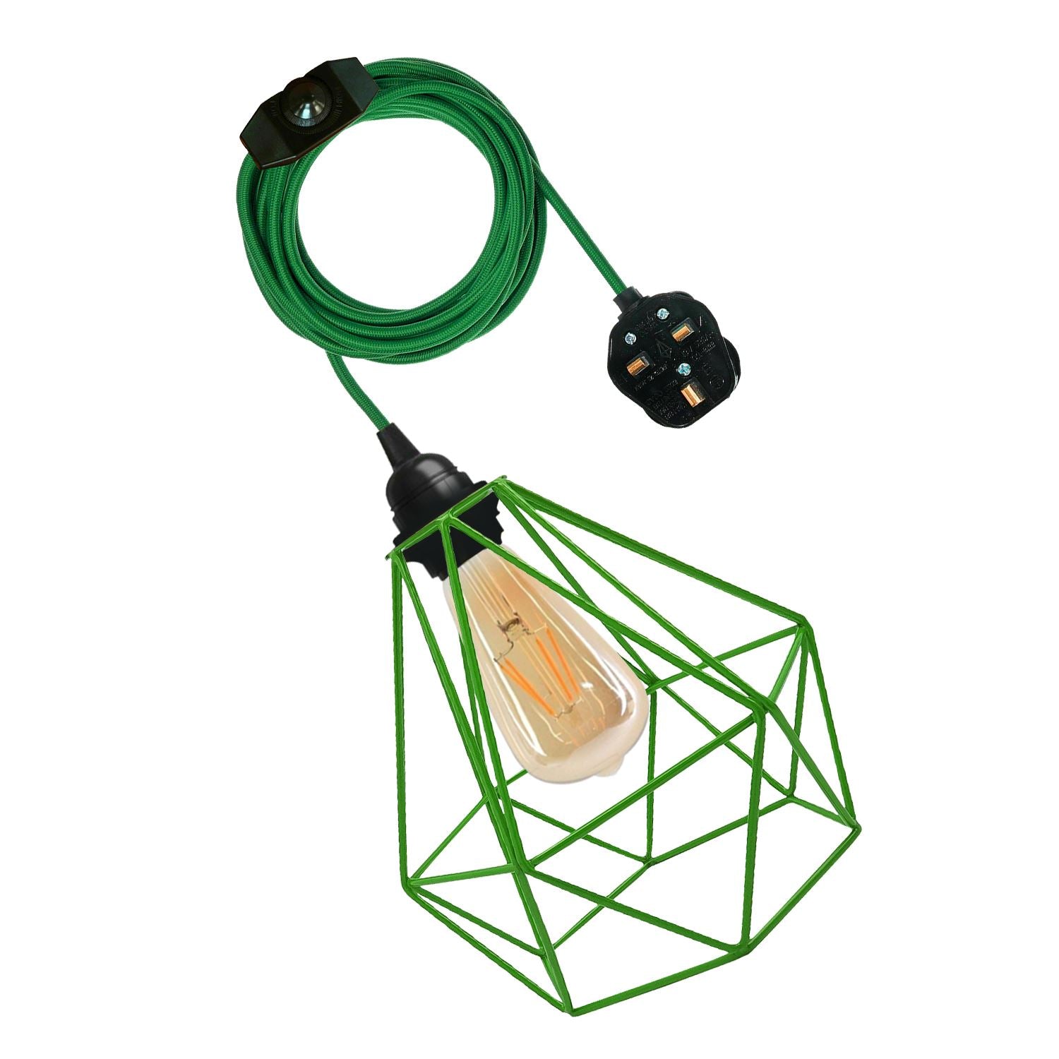 Vintage Fabric Flex Cable Plug in Pendant Lamp with E27 fitting, featuring a stylish metal cage and colorful fabric cable.