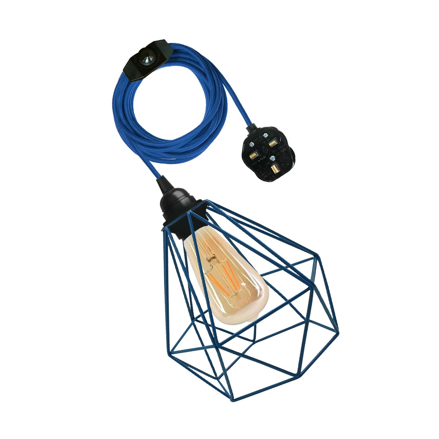 Vintage Fabric Flex Cable Plug in Pendant Lamp with E27 fitting, featuring a stylish metal cage and colorful fabric cable.