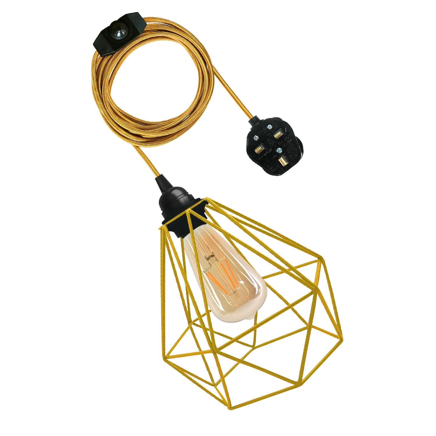 Vintage Fabric Flex Cable Plug in Pendant Lamp with E27 fitting, featuring a stylish metal cage and colorful fabric cable.