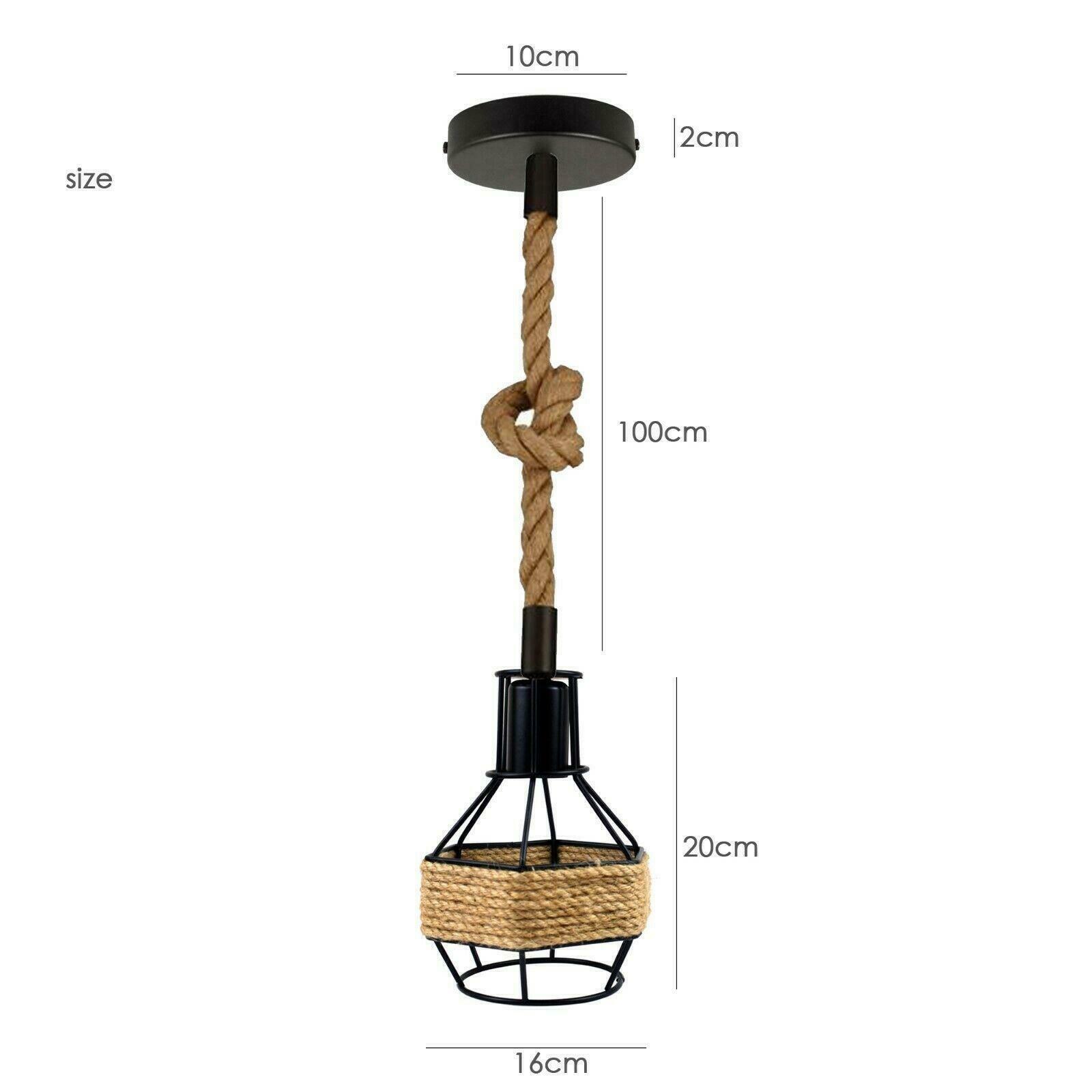 Vintage Hemp Rope Hanging Pendant Light featuring a black metal base and natural hemp rope, ideal for stylish home decor.