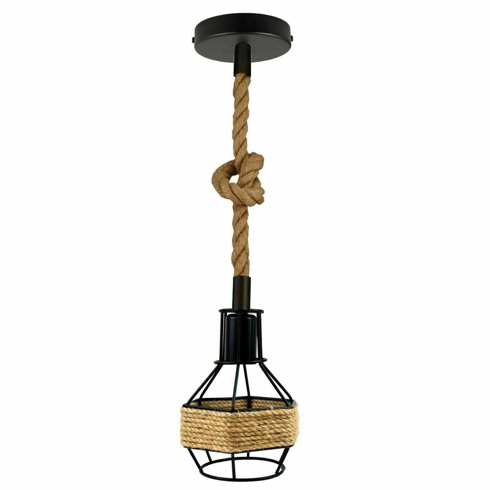 Vintage Hemp Rope Hanging Pendant Light featuring a black metal base and natural hemp rope, ideal for stylish home decor.