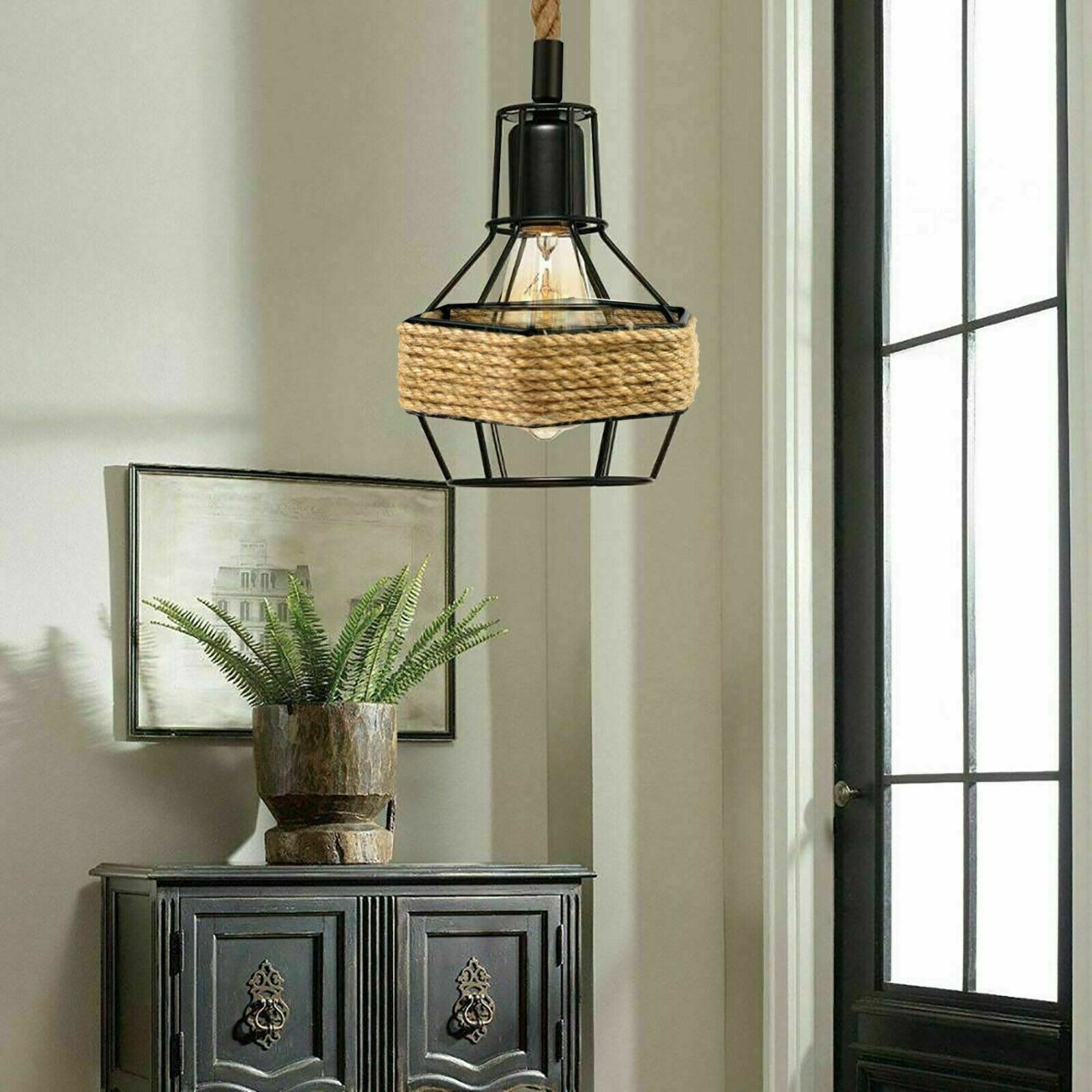 Vintage Hemp Rope Hanging Pendant Light featuring a black metal base and natural hemp rope, ideal for stylish home decor.