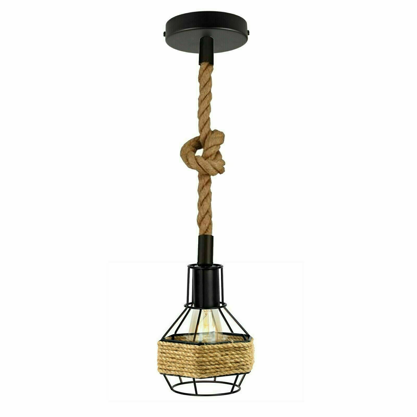 Vintage Hemp Rope Hanging Pendant Light featuring a black metal base and natural hemp rope, ideal for stylish home decor.