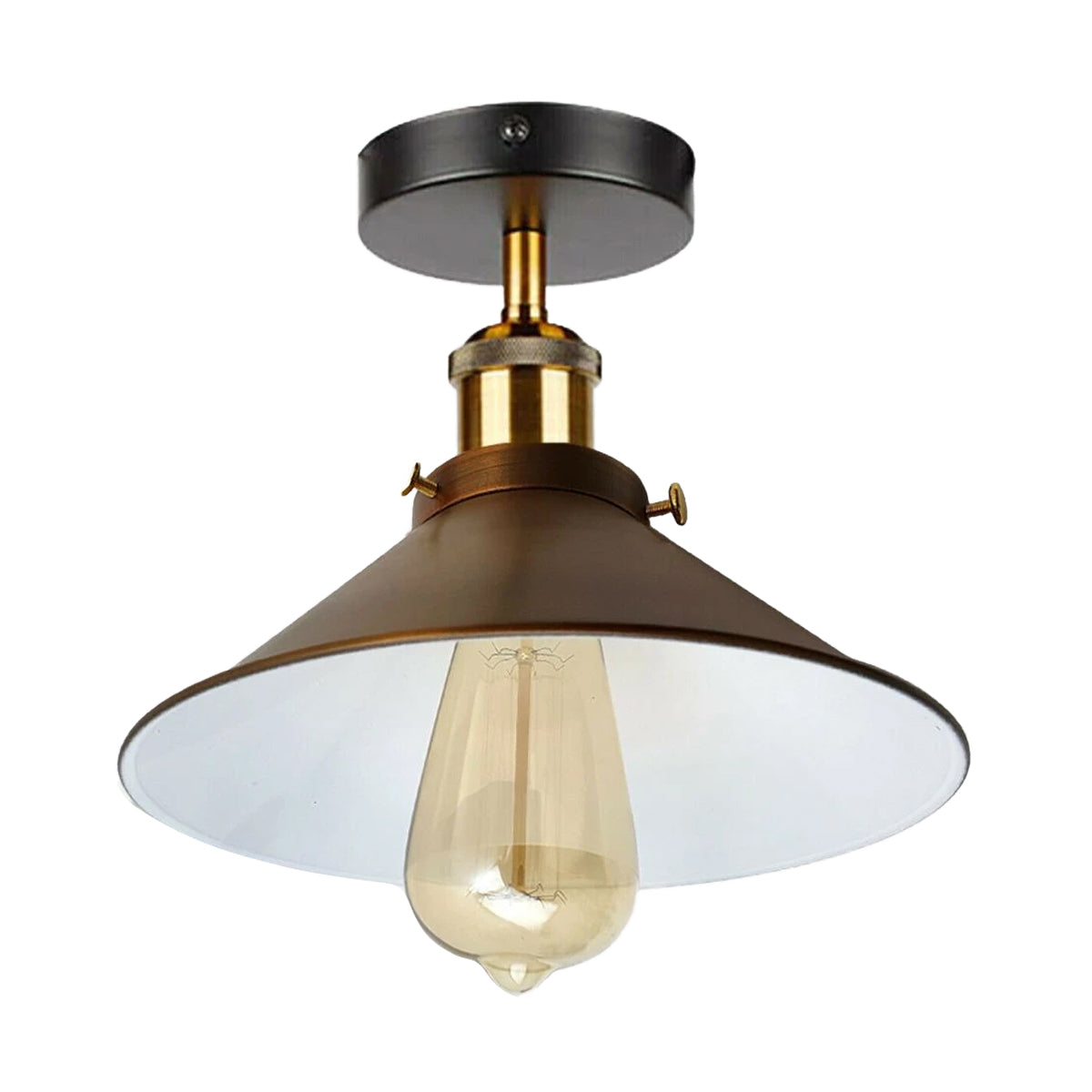 Vintage Industrial Ceiling Light with retro yellow brass shade, showcasing its elegant design and warm glow.