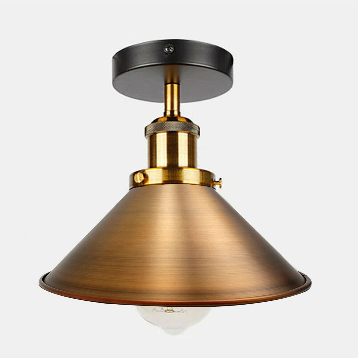 Vintage Industrial Ceiling Light with retro yellow brass shade, showcasing its elegant design and warm glow.