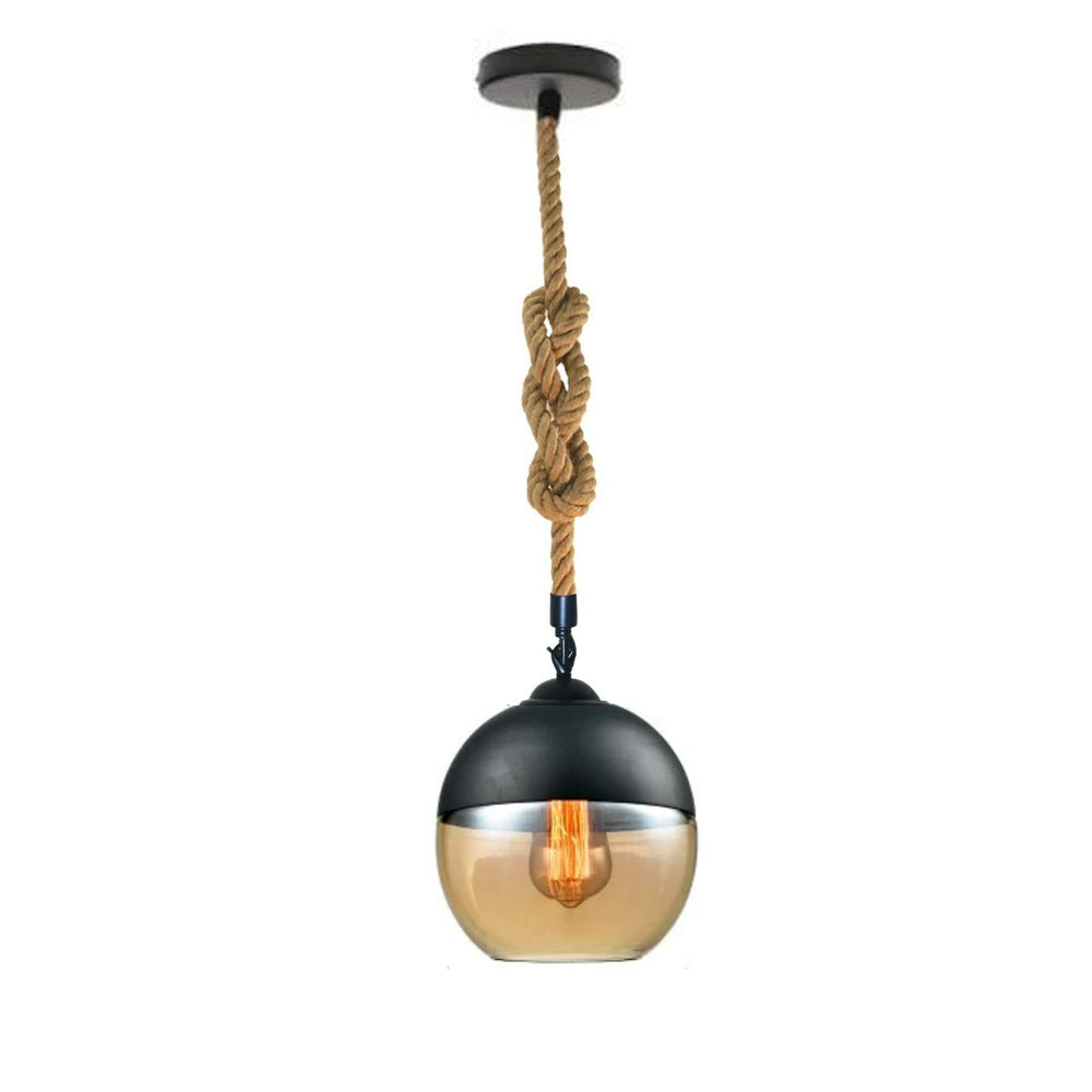 Vintage Industrial Hemp Rope Pendant Glass Lamp Shade with a glass globe and hemp rope suspension, showcasing a rustic design.