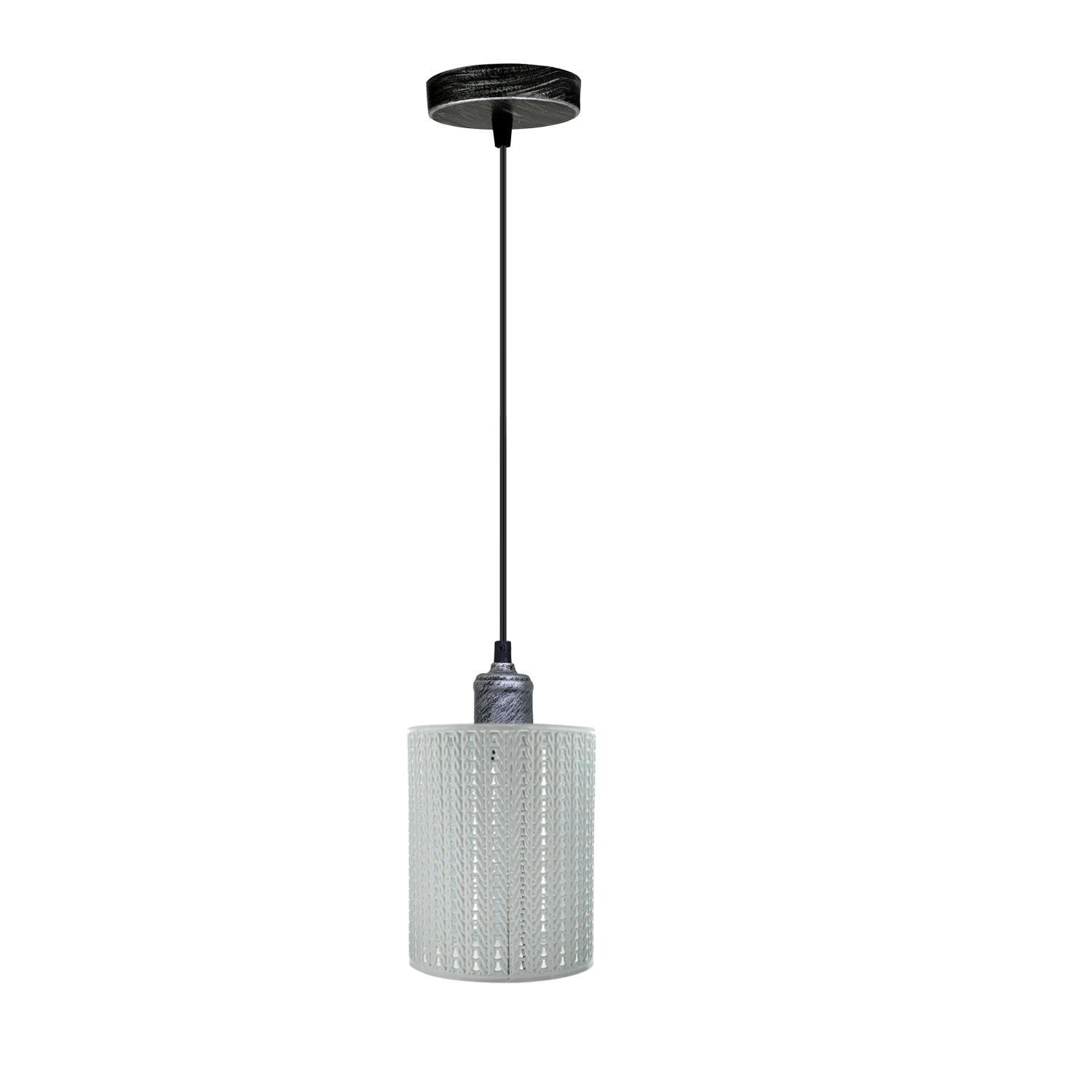 Vintage Industrial Metal Ceiling Pendant with a unique pattern shade, featuring a brushed silver finish and E27 lamp base.