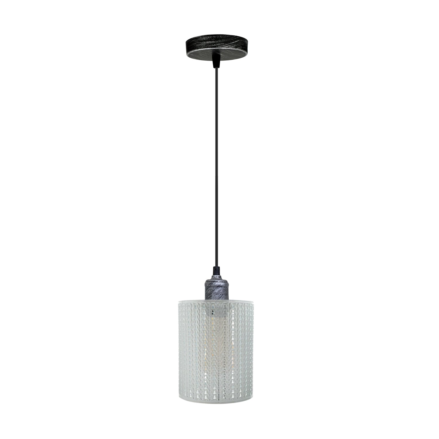 Vintage Industrial Metal Ceiling Pendant with a unique pattern shade, featuring a brushed silver finish and E27 lamp base.