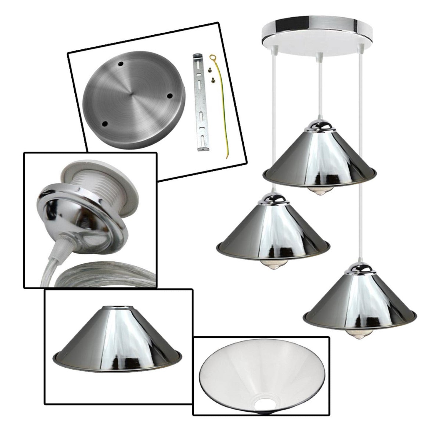 Vintage Industrial Retro Loft Style Ceiling Lamp Shade Pendant with chrome finish and three light holders, ideal for home decor.