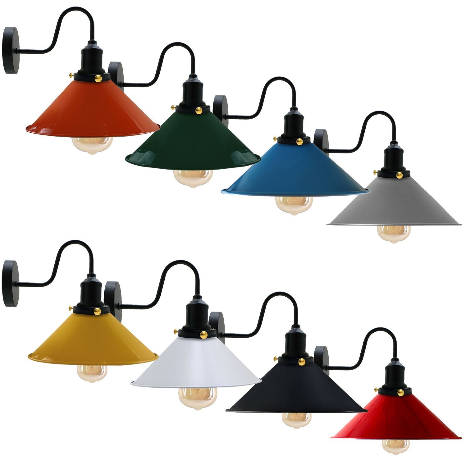 Vintage Industrial Swan Neck Wall Light featuring a cone-shaped metal shade in various colors, ideal for indoor decor.