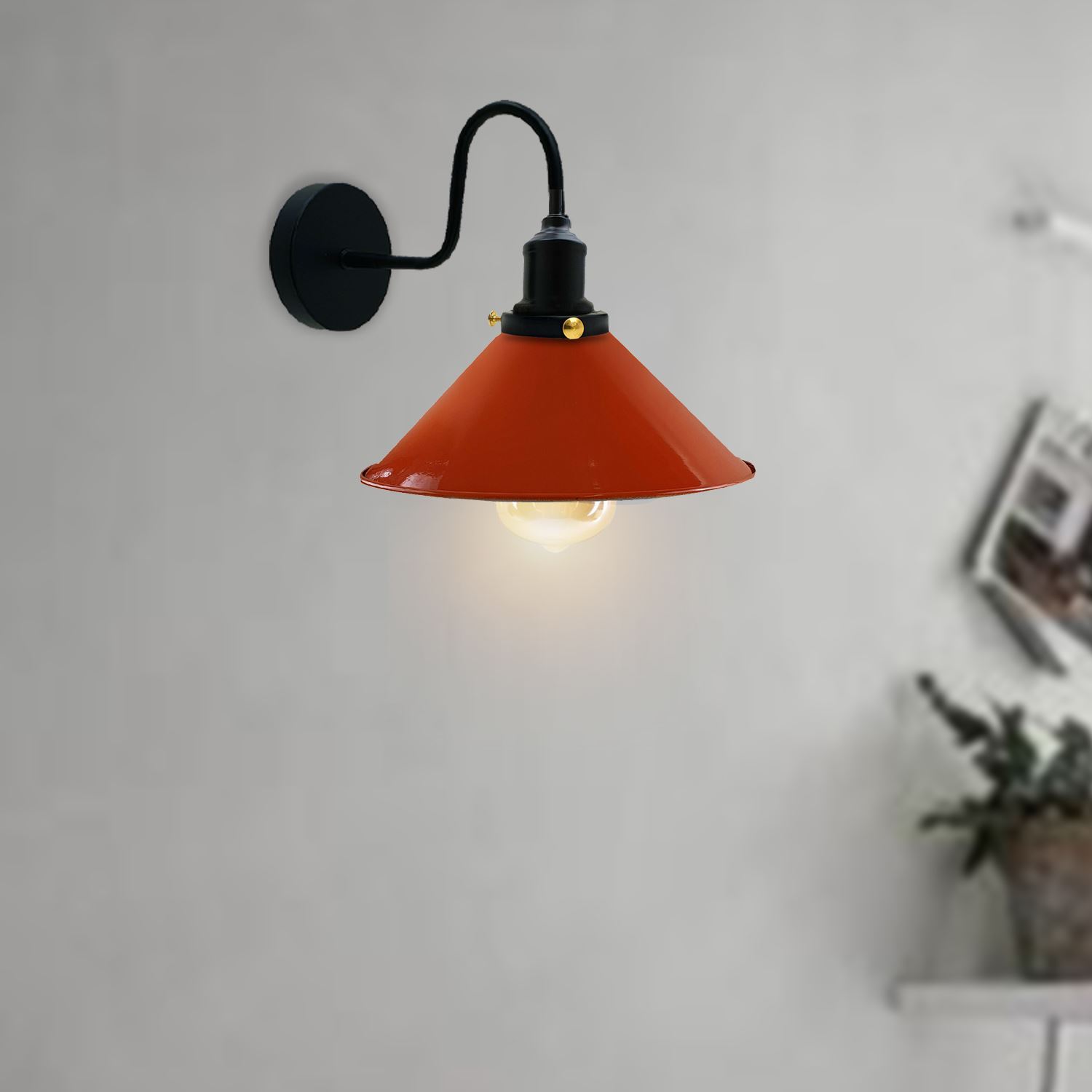 Vintage Industrial Swan Neck Wall Light featuring a cone-shaped metal shade in various colors, ideal for indoor decor.