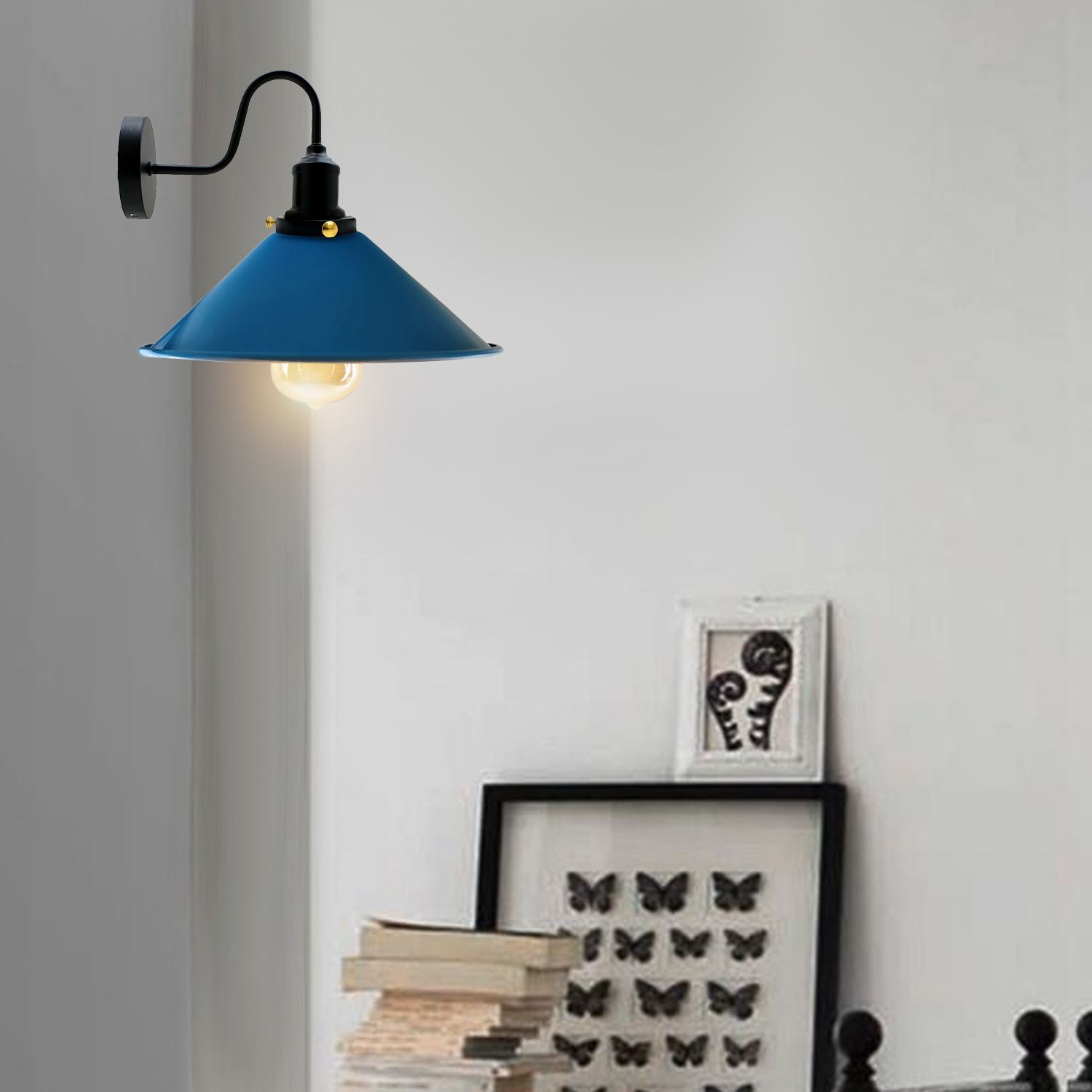 Vintage Industrial Swan Neck Wall Light featuring a cone-shaped metal shade in various colors, ideal for indoor decor.