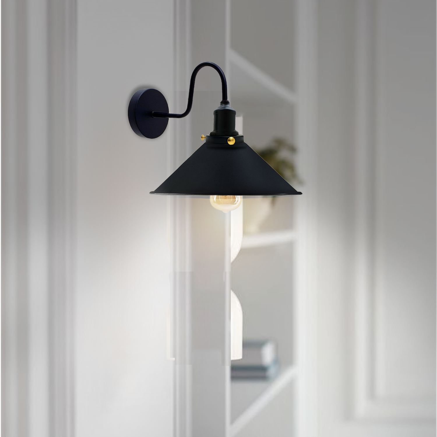 Vintage Industrial Swan Neck Wall Light featuring a cone-shaped metal shade in various colors, ideal for indoor decor.