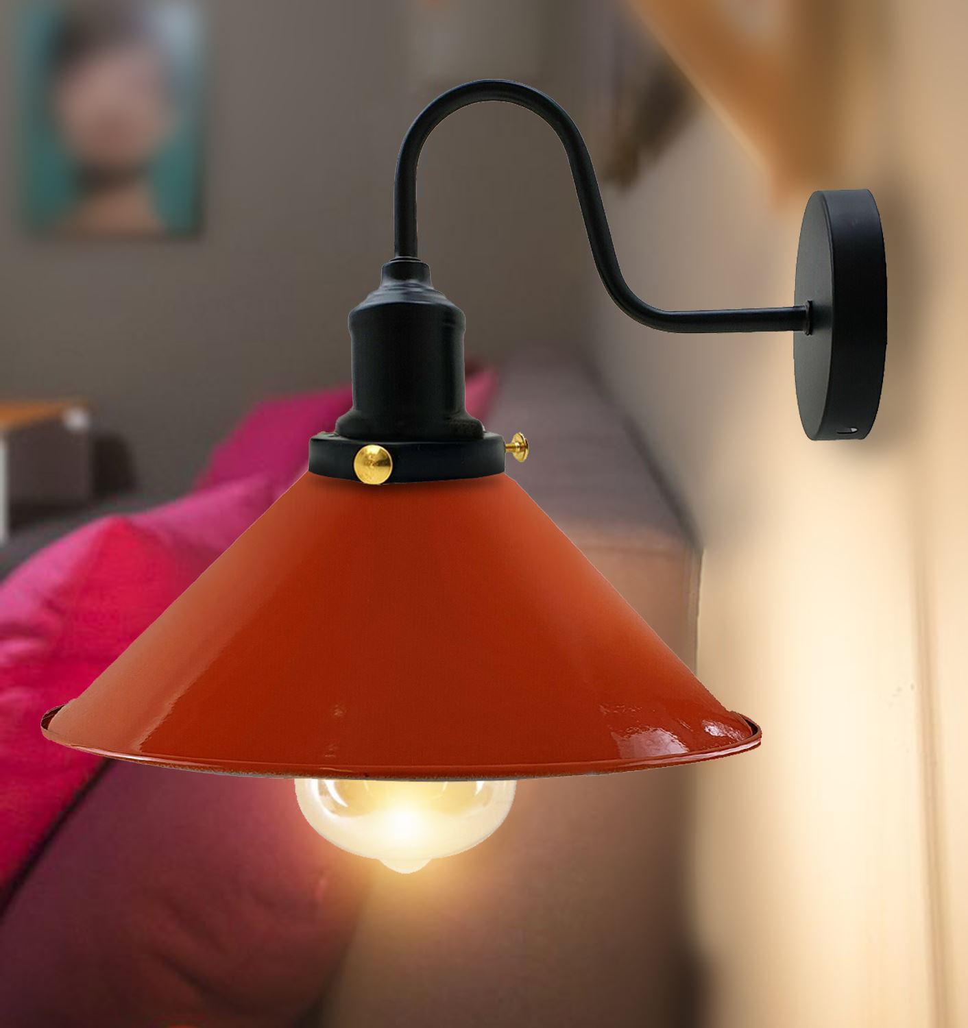 Vintage Industrial Swan Neck Wall Light featuring a cone-shaped metal shade in various colors, ideal for indoor decor.