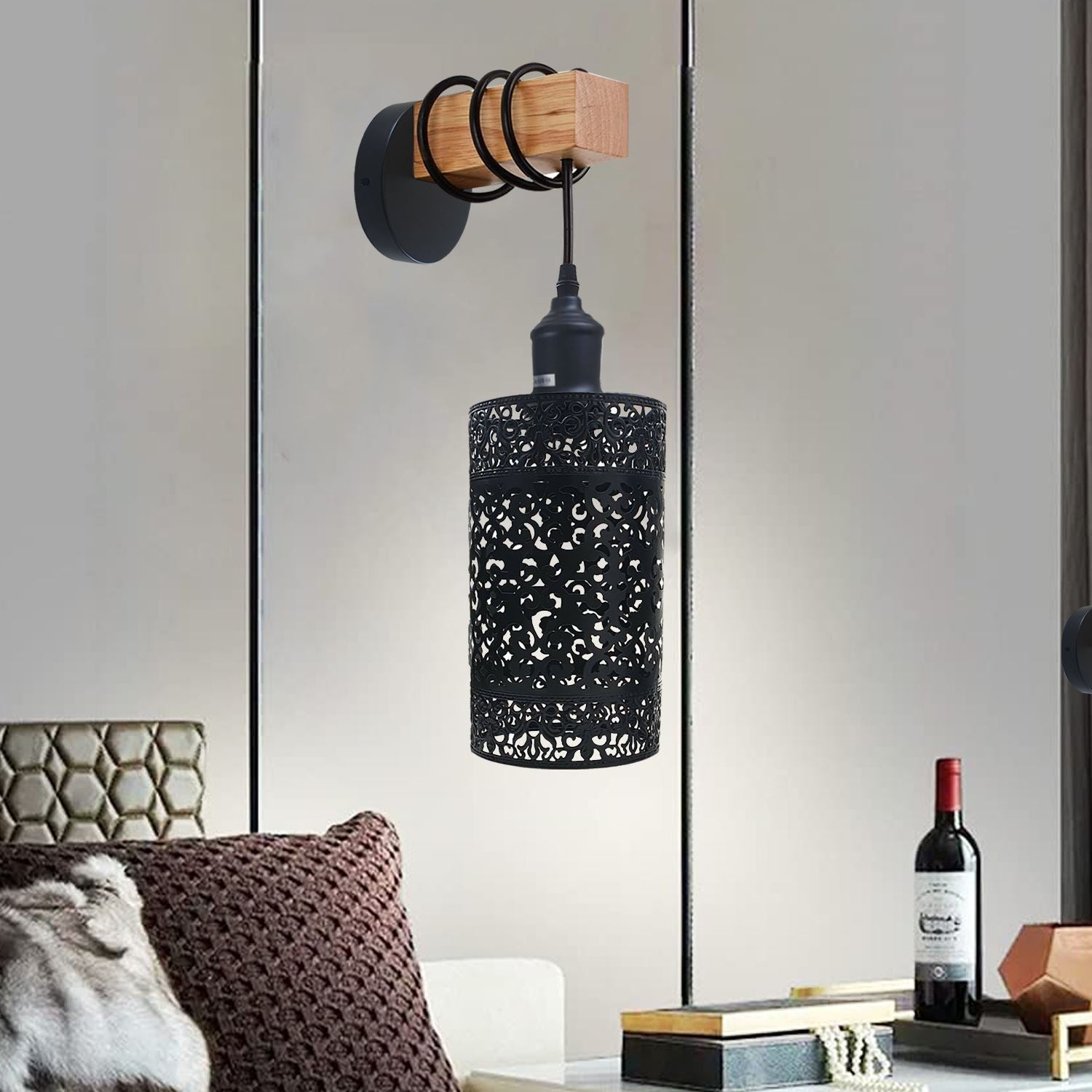 Vintage Light Shade Wall Lifting Industrial Wall Lamp Fixture featuring a black metal and wood design, ideal for stylish lighting.