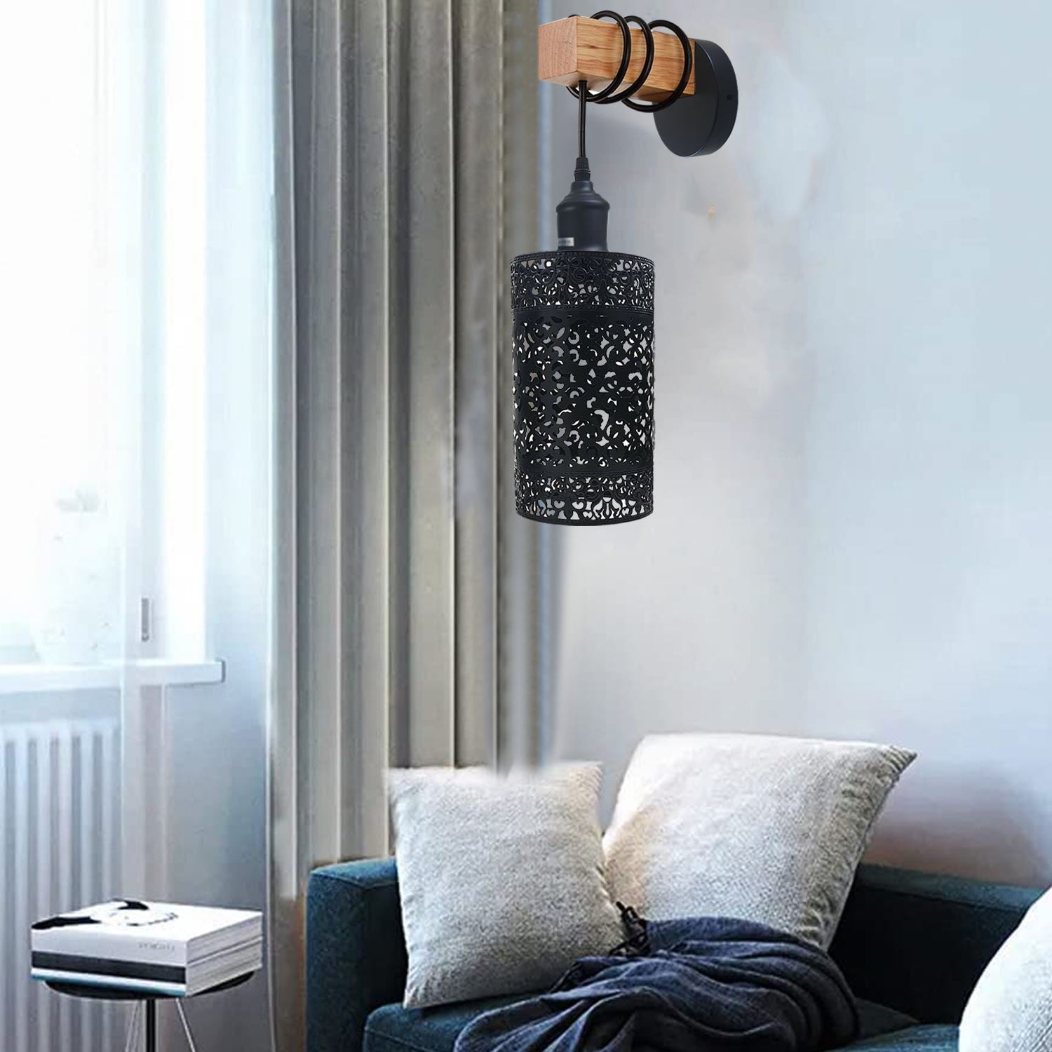 Vintage Light Shade Wall Lifting Industrial Wall Lamp Fixture featuring a black metal and wood design, ideal for stylish lighting.