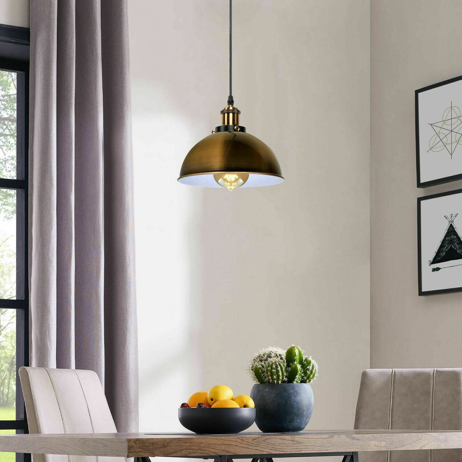 Vintage Modern Ceiling Pendant Light with metal dome shade, showcasing copper and yellow brass finishes, ideal for indoor decoration.