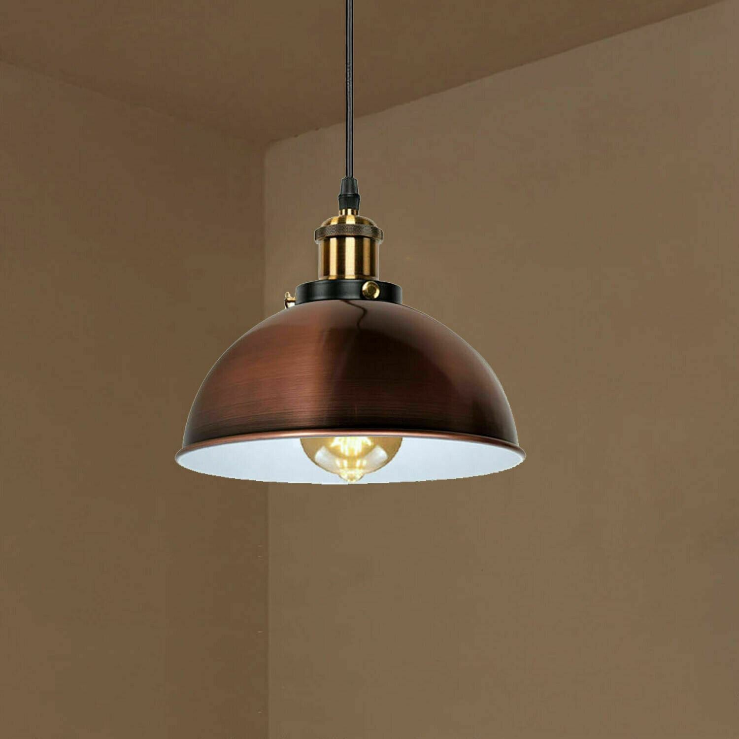 Vintage Modern Ceiling Pendant Light with metal dome shade, showcasing copper and yellow brass finishes, ideal for indoor decoration.