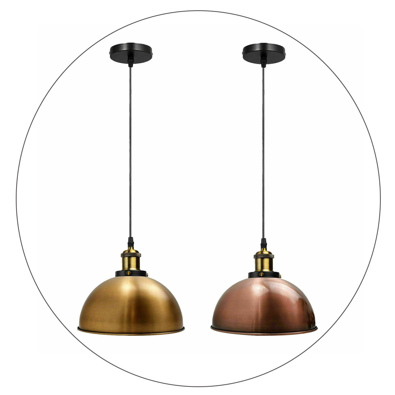 Vintage Modern Ceiling Pendant Light with metal dome shade, showcasing copper and yellow brass finishes, ideal for indoor decoration.