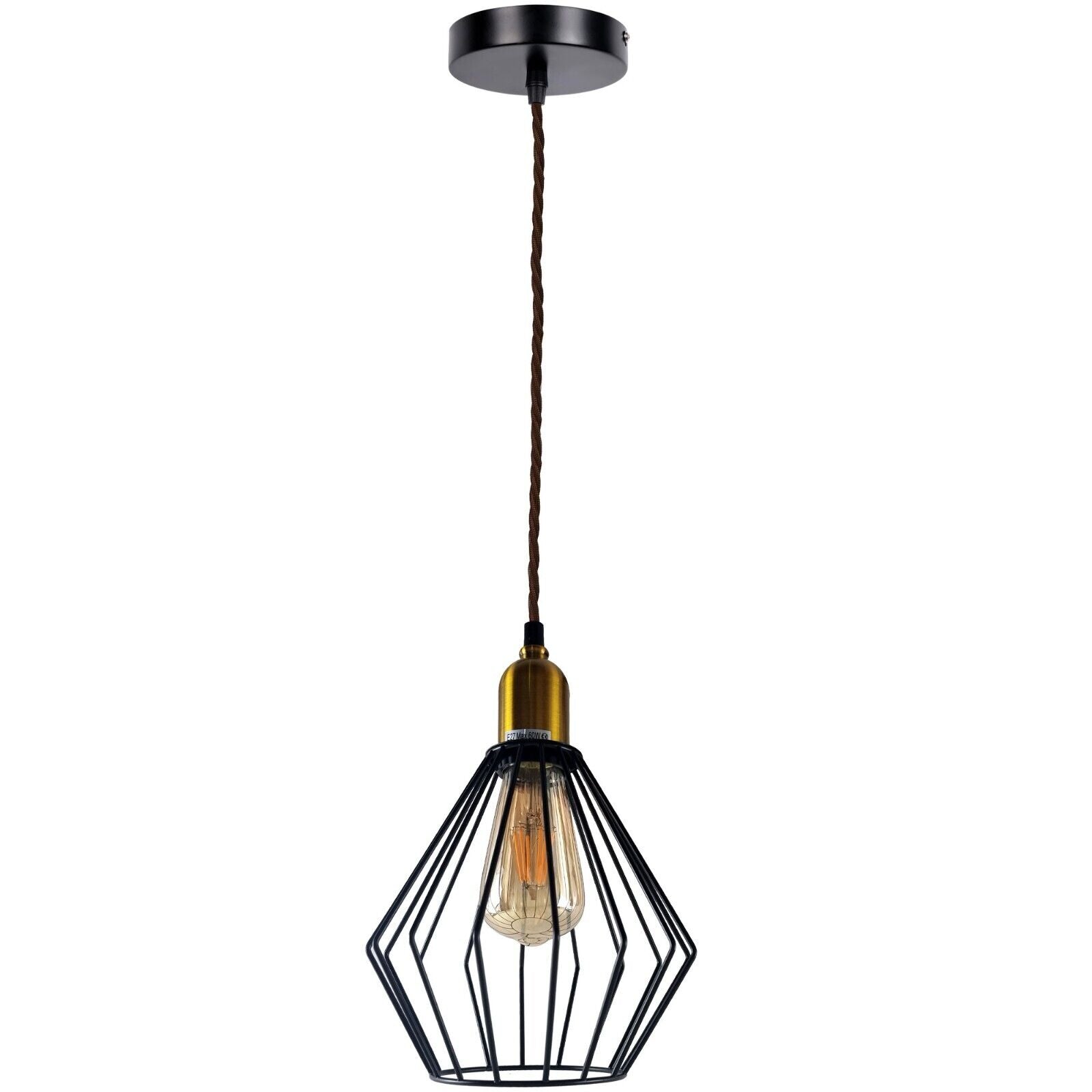 Vintage Retro Ceiling Pendant Light with wire cage lampshade, E27 base, and adjustable cable, perfect for stylish indoor lighting.