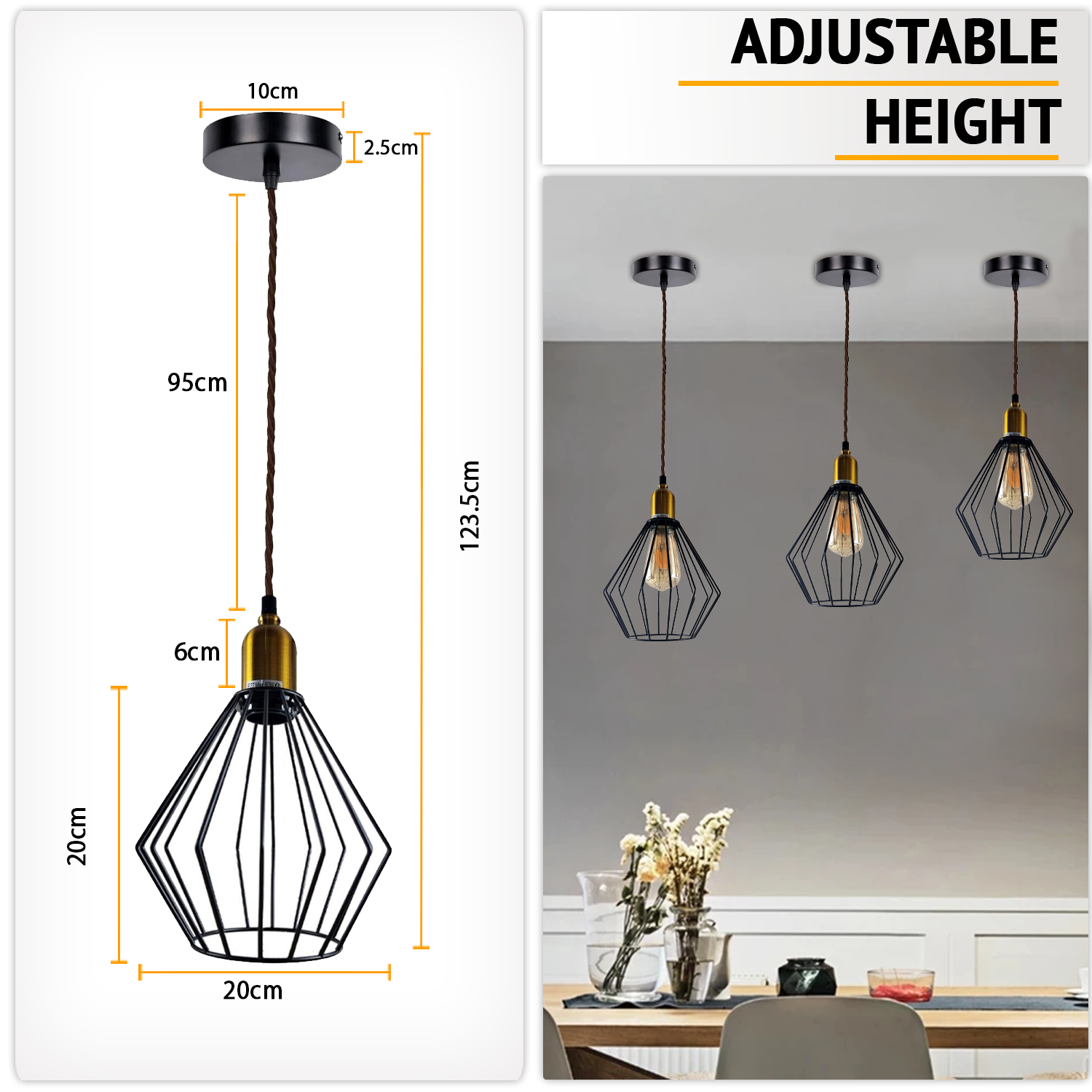 Vintage Retro Ceiling Pendant Light with wire cage lampshade, E27 base, and adjustable cable, perfect for stylish indoor lighting.