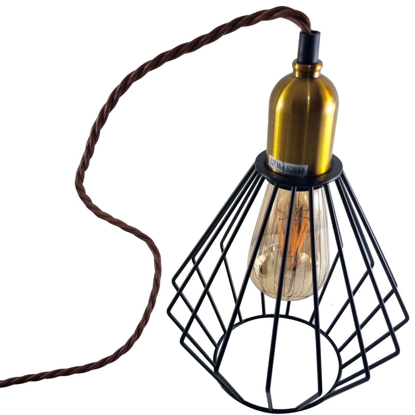 Vintage Retro Ceiling Pendant Light with wire cage lampshade, E27 base, and adjustable cable, perfect for stylish indoor lighting.