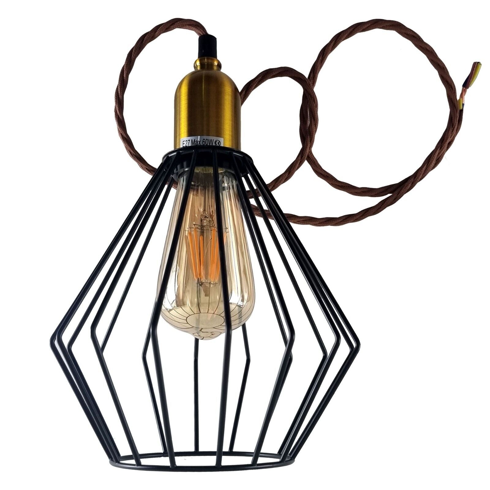 Vintage Retro Ceiling Pendant Light with wire cage lampshade, E27 base, and adjustable cable, perfect for stylish indoor lighting.