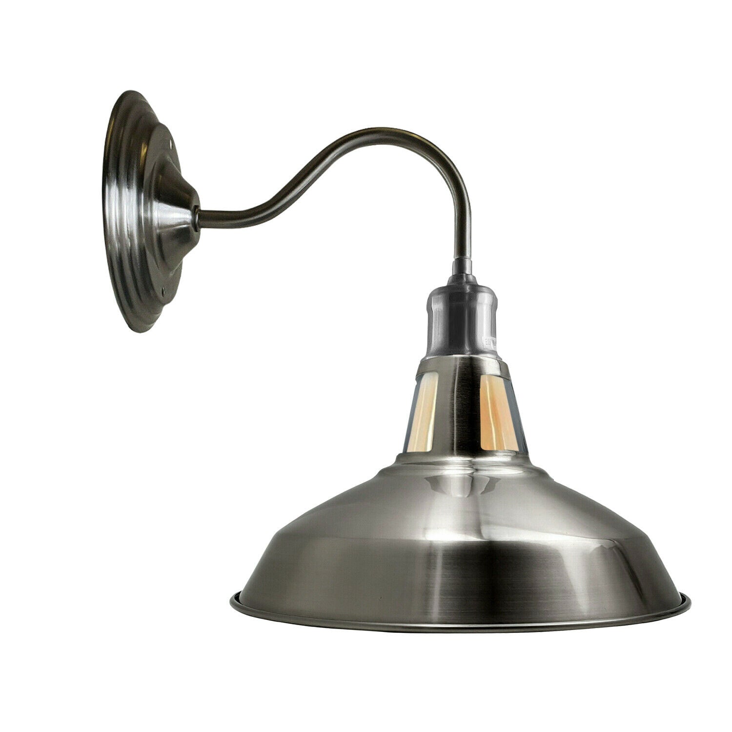 Vintage Retro Industrial Satin Nickel Wall Light Shade showcasing a glossy finish and barn slotted design, perfect for modern home decor.