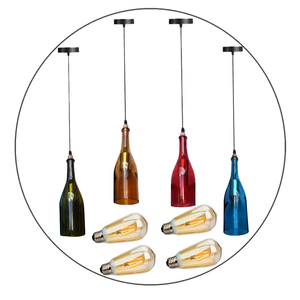 Vintage Retro Wine Bottle Ceiling Pendant Light with six colorful recycled bottles and antique gilt hardware, hanging elegantly from a black cord.