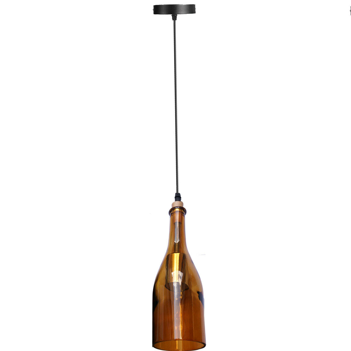 Vintage Retro Wine Bottle Ceiling Pendant Light with six colorful recycled bottles and antique gilt hardware, hanging elegantly from a black cord.