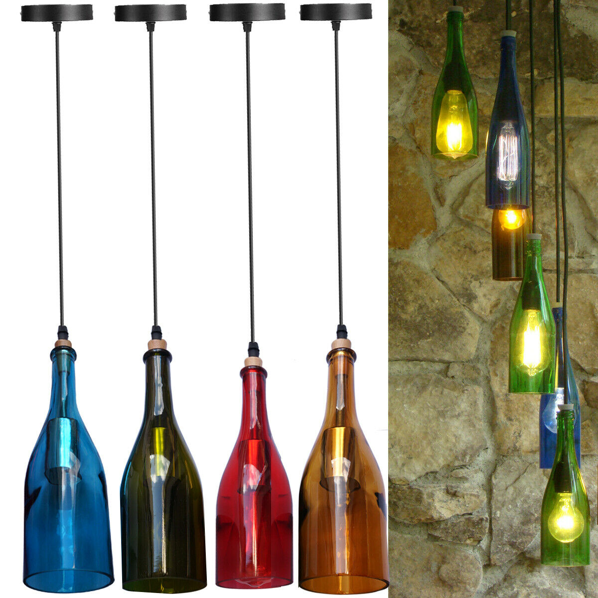 Vintage Retro Wine Bottle Ceiling Pendant Light with six colorful recycled bottles and antique gilt hardware, hanging elegantly from a black cord.