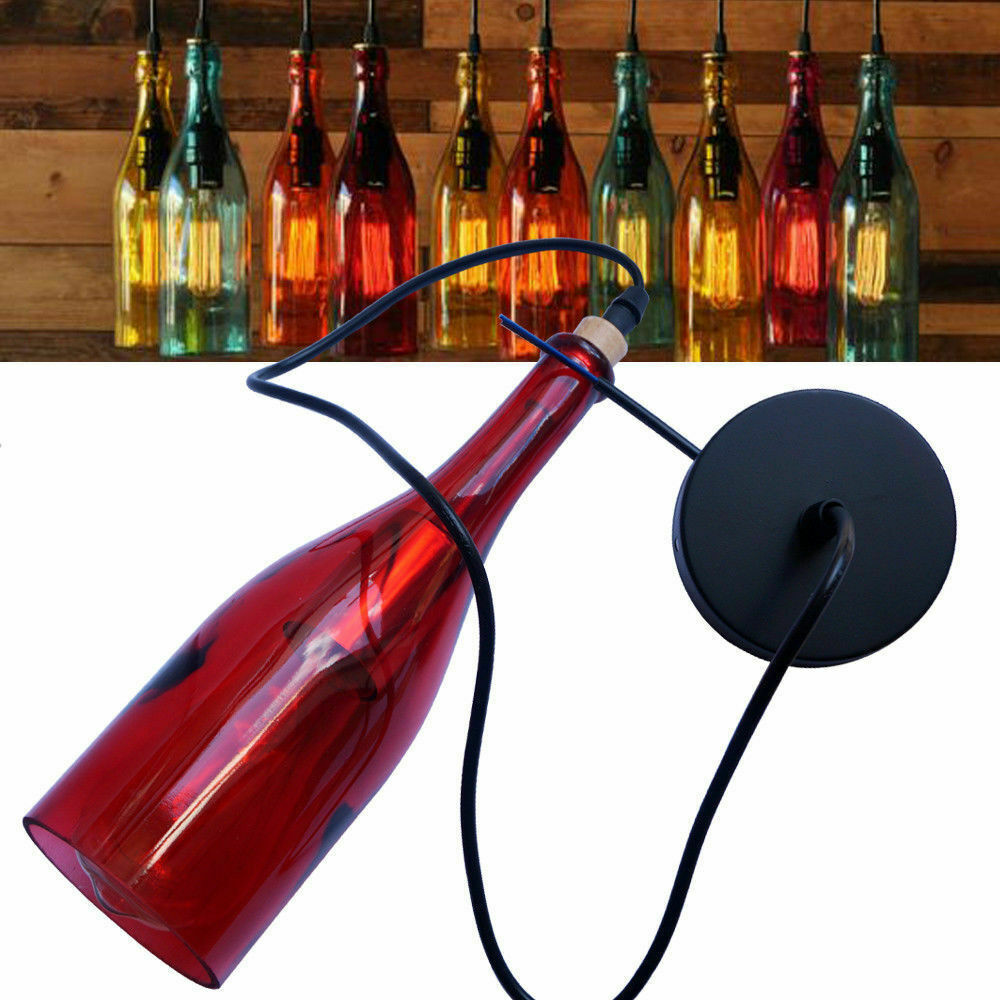 Vintage Retro Wine Bottle Ceiling Pendant Light with six colorful recycled bottles and antique gilt hardware, hanging elegantly from a black cord.