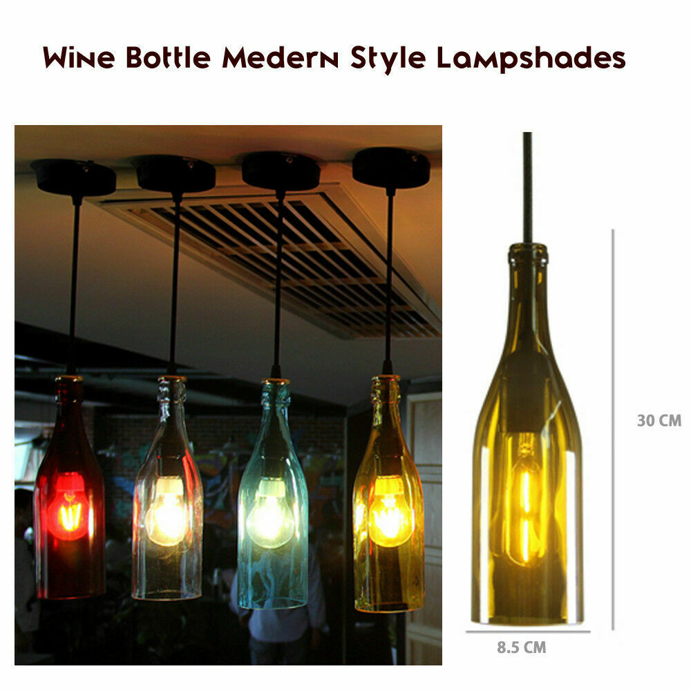 Vintage Retro Wine Bottle Ceiling Pendant Light with six colorful recycled bottles and antique gilt hardware, hanging elegantly from a black cord.