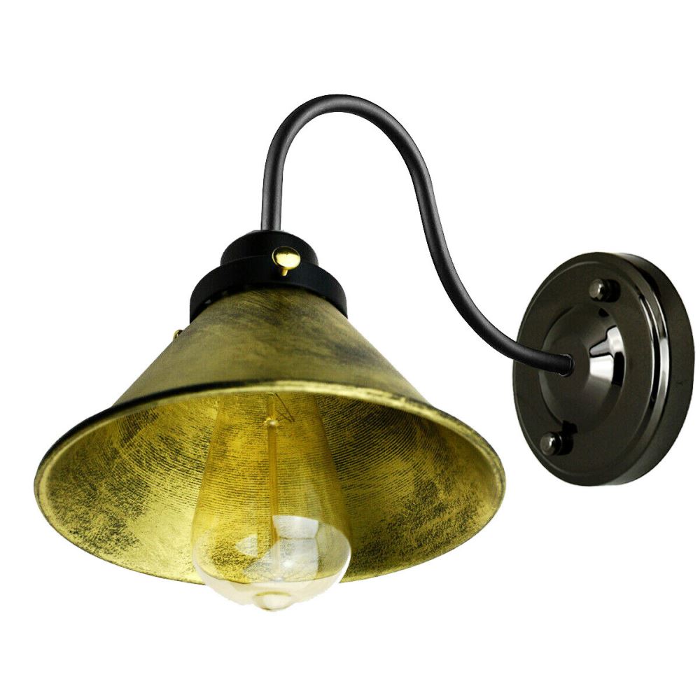 Vintage wall light shades featuring brushed brass finish and industrial design, perfect for loft-style interiors.